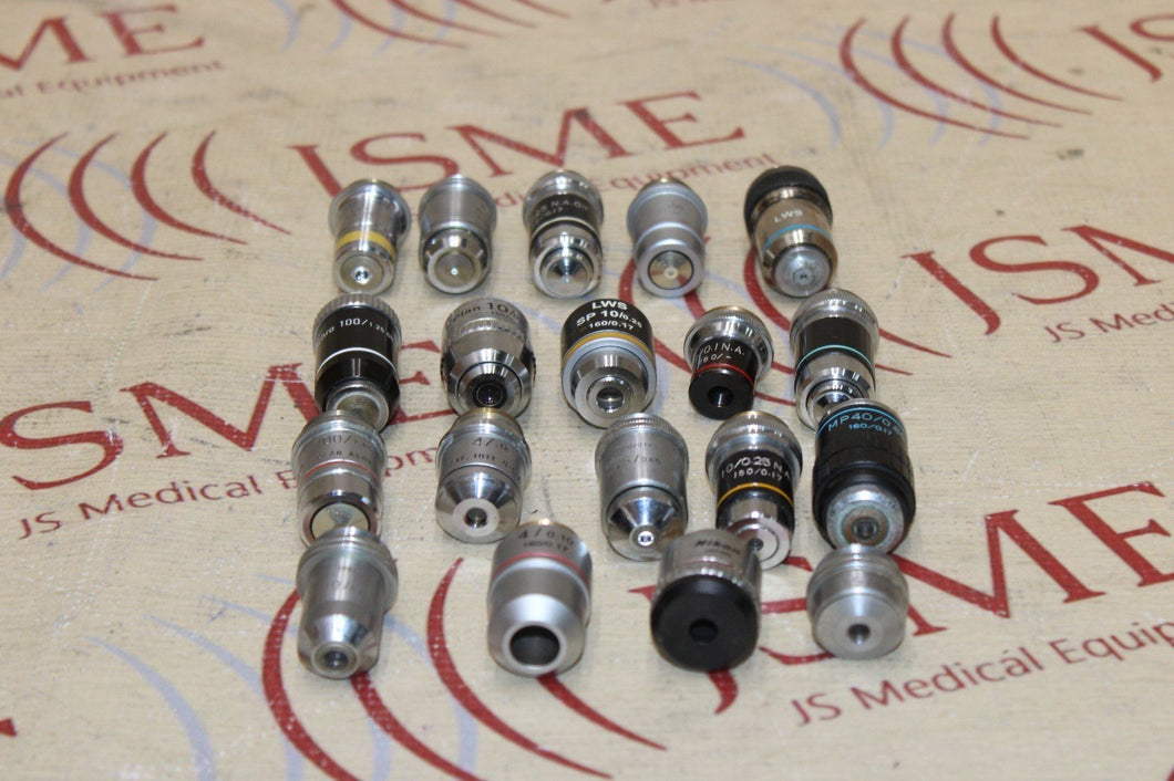 Lot Of 19 Nikon-Swift-Achro-Reichert-Leltz Wetzlar And AO Microscoe Objectives